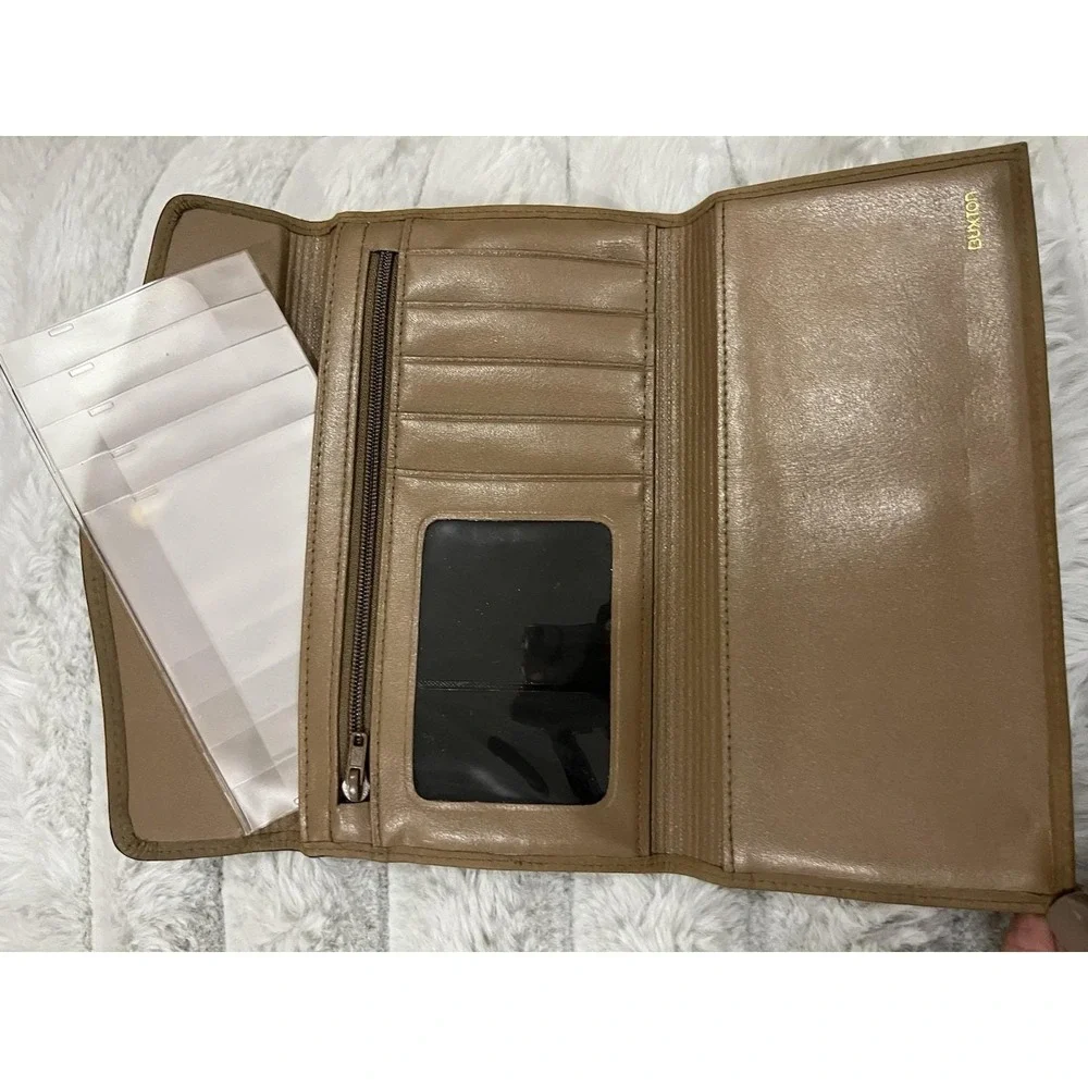 Buxton Clutch Wallet Women OS Tan Good Velvet Touch Cowhide Kisslock Trifold‎